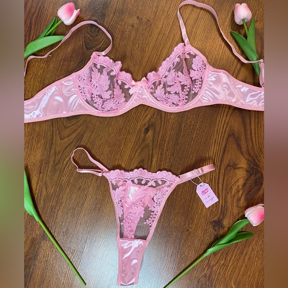 🎀🌷 Pink Satin Lace Lingerie 2 Pc Set 🌷🎀 NWT - Picture 2 of 13